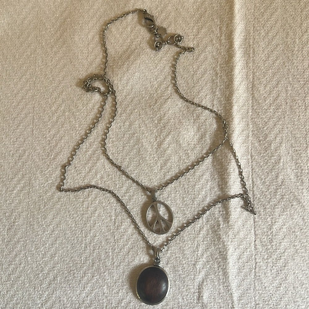 Lucky Brand Silver Layered Necklace with Peace and Brown Stone Pendants